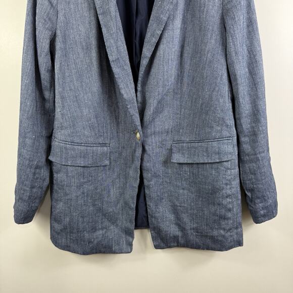 Loft Blue Chambray Linen Blend Blazer 2 Petite One Button Office Career Coastal - Picture 2 of 10